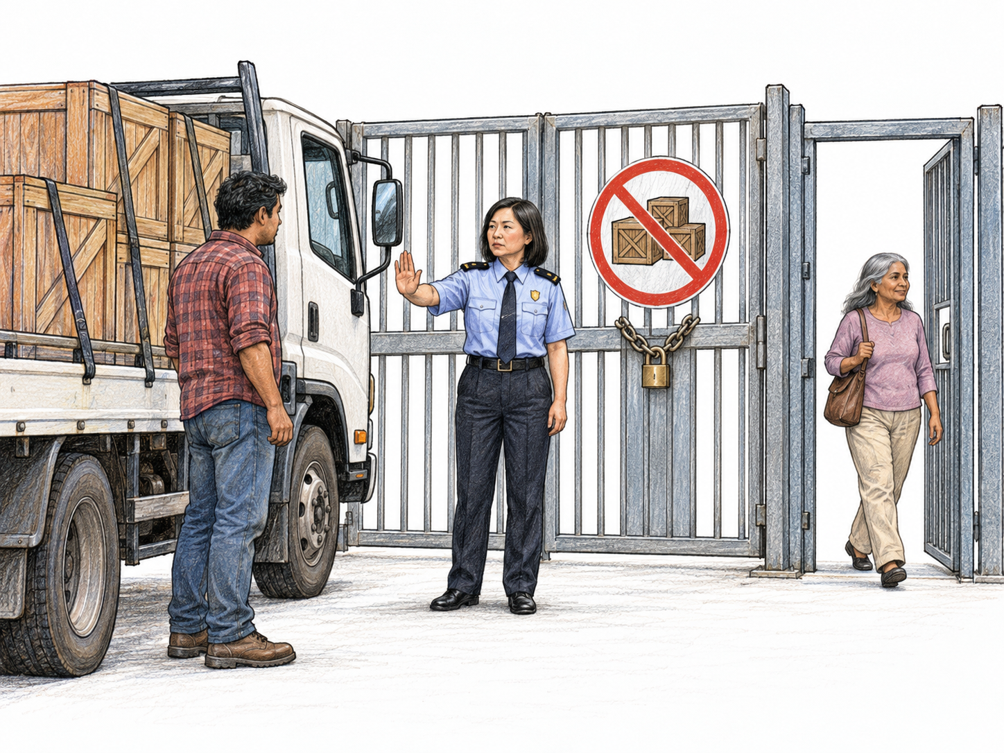 An officially enforced trade embargo: a customs officer blocks a loaded freight lane beneath a cargo-prohibition pictogram, while an adjacent pedestrian passage remains open.