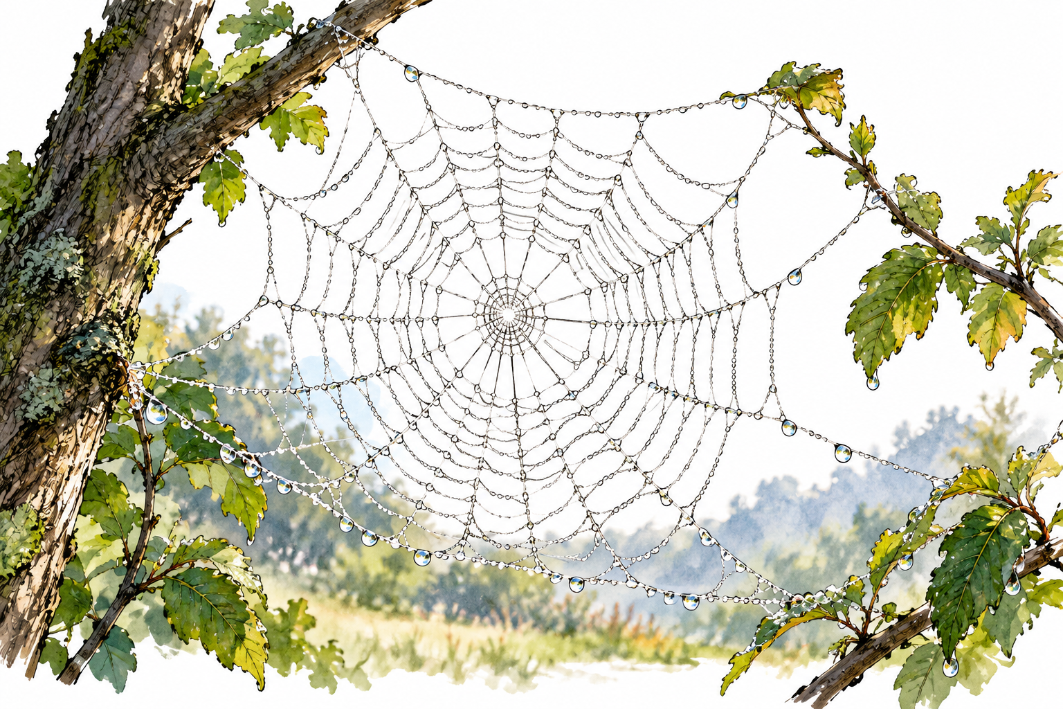 A natural orb spider web with interconnected radial and spiral silk strands between branches, dew highlights.
