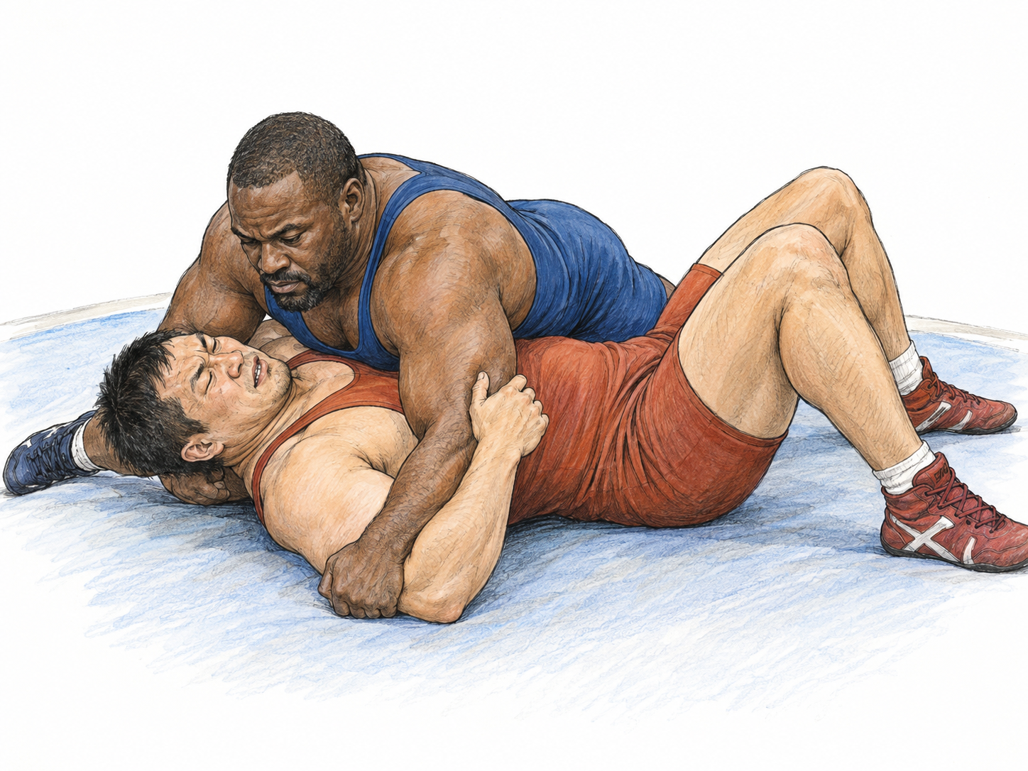 A wrestler visibly overpowers an opponent with a secure pin, making the controlling person the unmistakable focal subject.