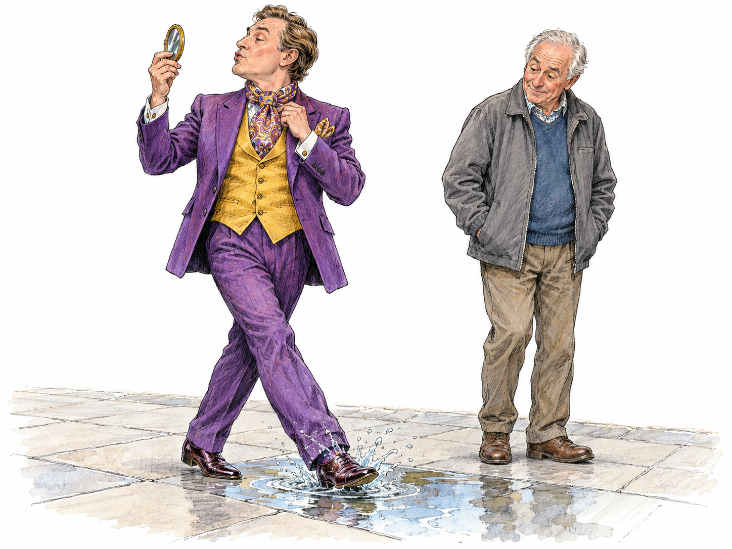 A flamboyantly overdressed man admires himself in a pocket mirror while strutting straight into a shallow puddle.