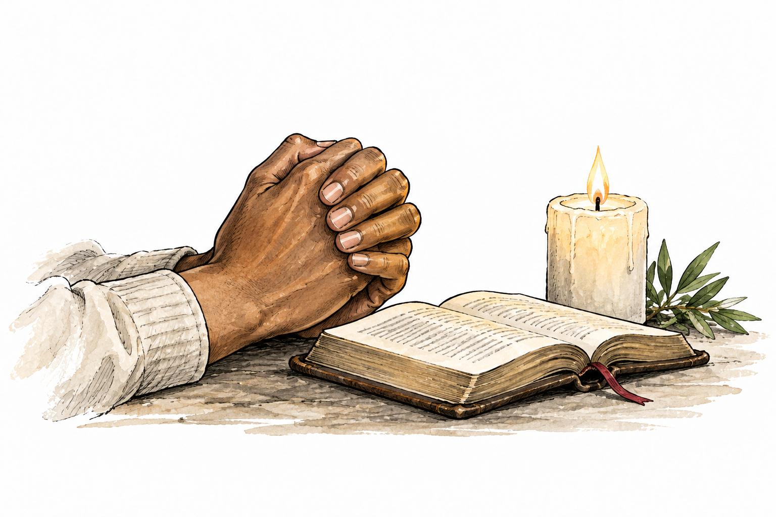 A pair of gently folded hands rests beside a small open devotional book, quiet spoken prayer.