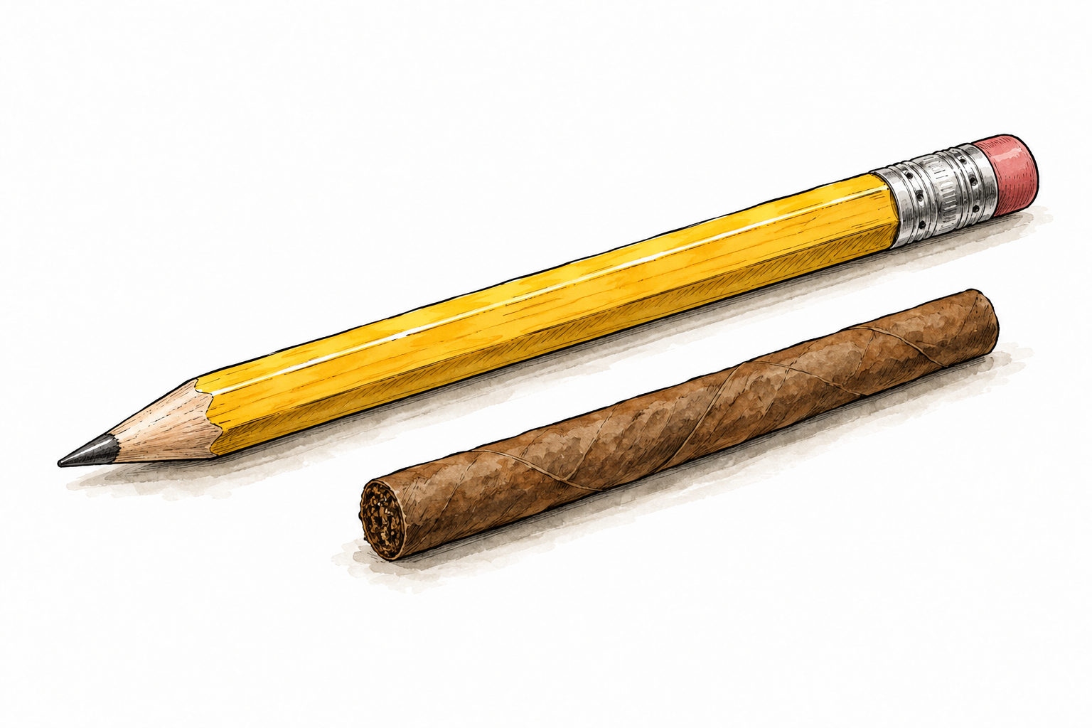 A small slender unlit brown cigarillo beside an ordinary pencil for size comparison, neutral object study.