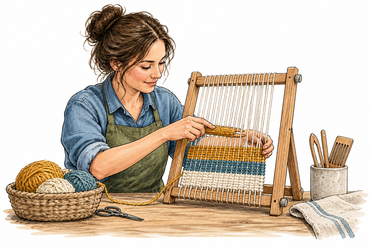 Modern craftsperson interlaces horizontal yarn through vertical warp threads on a small loom, weaving action clear.