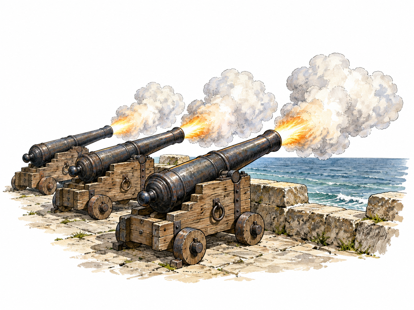 Three historic coastal signal cannon fire simultaneously out toward an empty sea, matching smoke bursts and no people in the line of fire; no injury or writing.