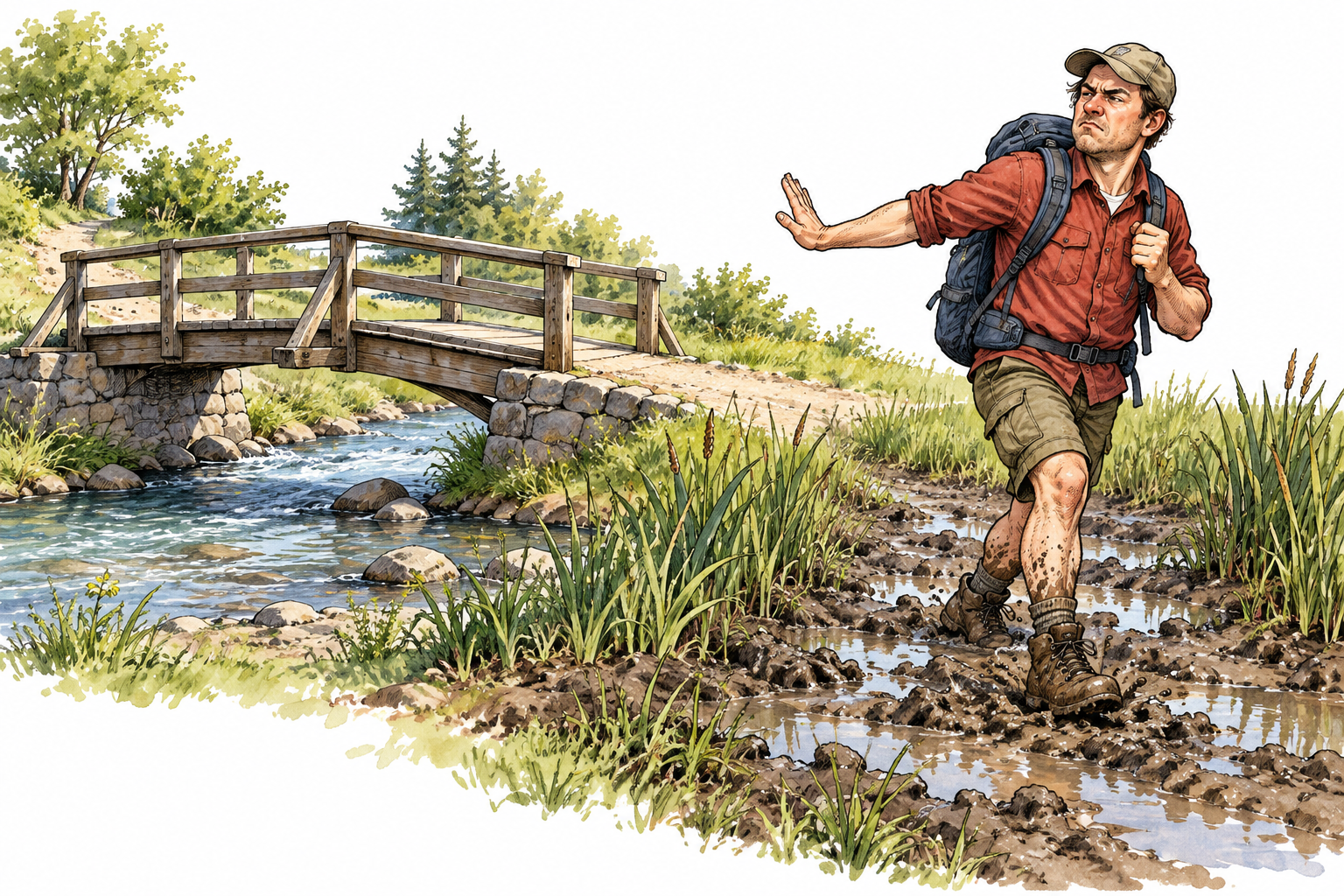 An adult irrationally refuses a sturdy bridge and instead attempts an obviously impractical detour through shallow mud, safe nonviolent scene.