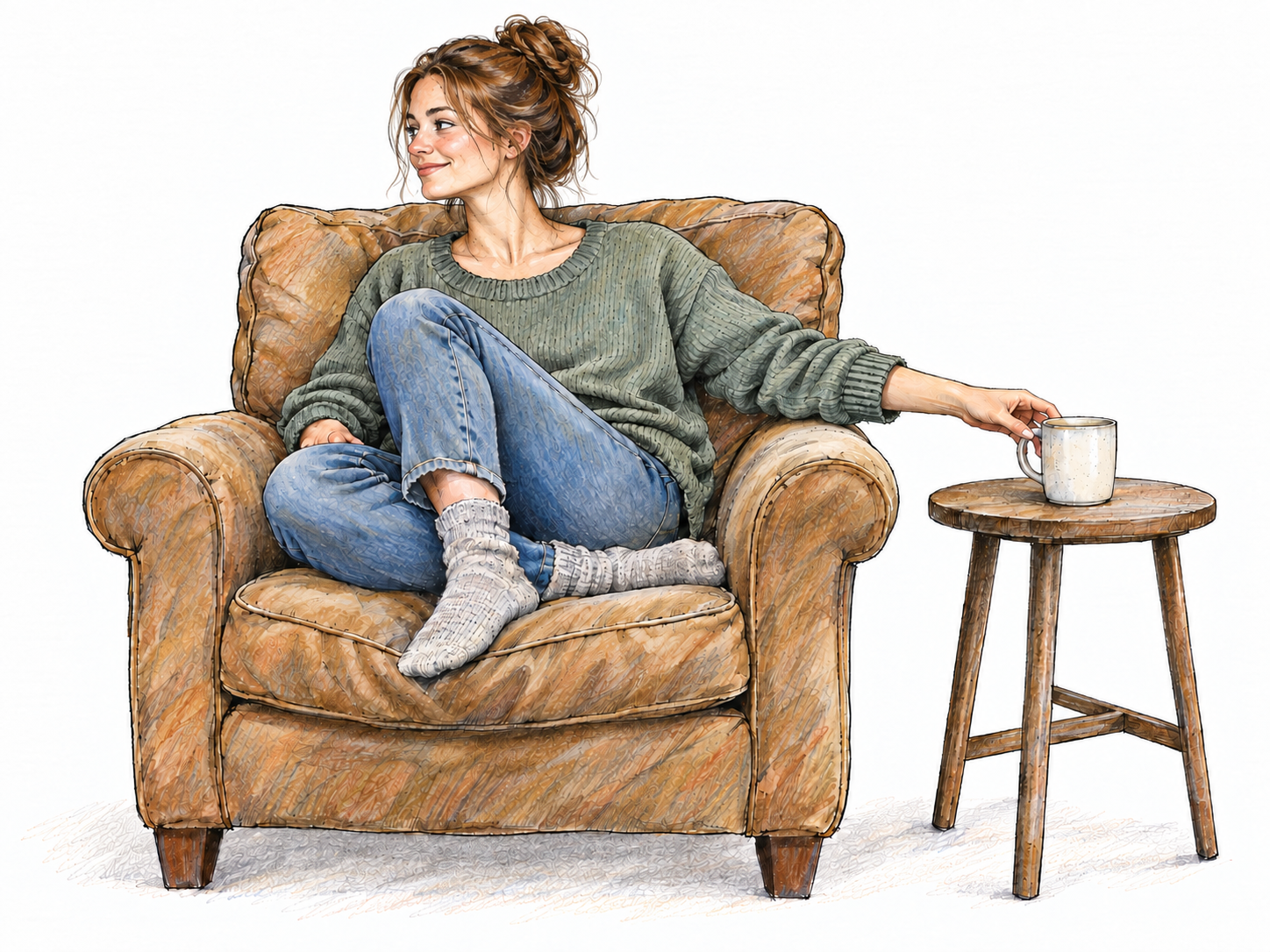 A young woman recognizes a well-used favorite armchair at home, settling into it comfortably while reaching without looking for the mug on its usual side table.