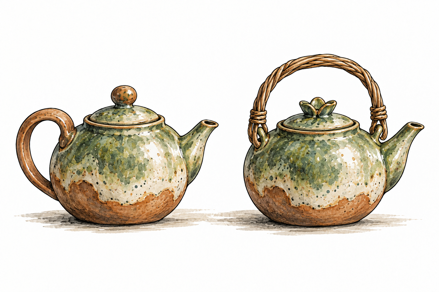 Two versions of the same handmade teapot: same basic shape, different handle and lid design, side by side.