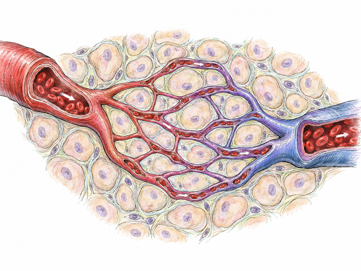 A magnified cutaway of living tissue shows blood passing from a small arteriole through a branching capillary network among tissue cells and draining into a venule.