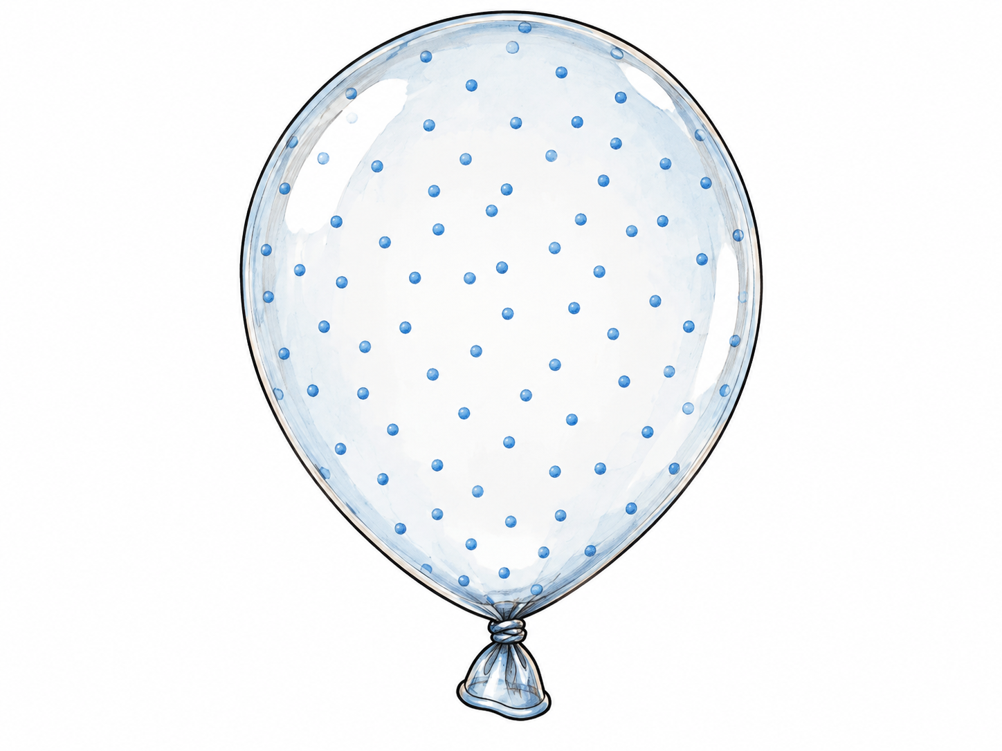 Transparent inflated balloon filled with widely spread small gas particles represented by subtle dots throughout, same particles occupy entire balloon interior.