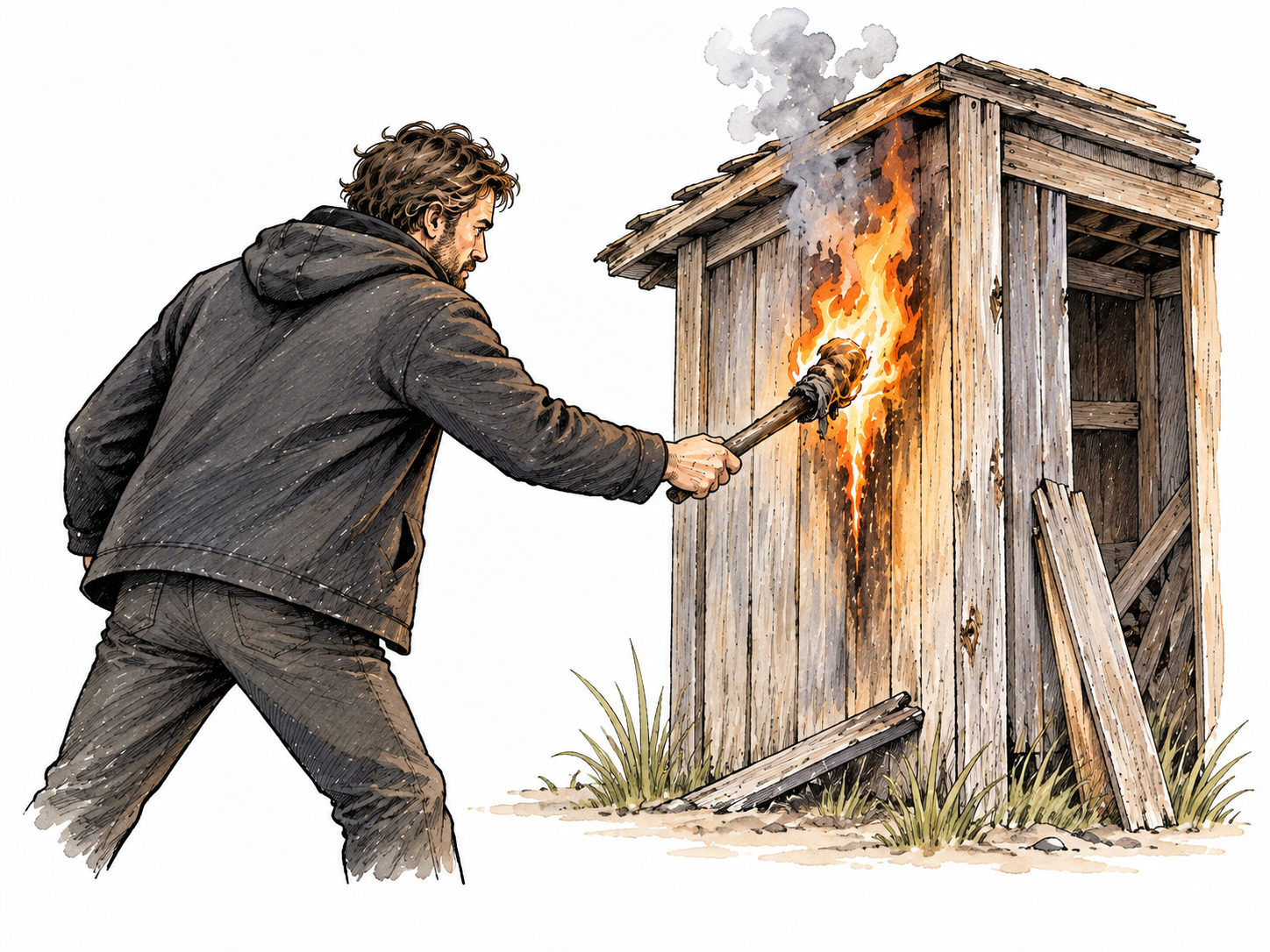 Non-graphic crime scene illustration: adult in ordinary dark clothing deliberately holds a burning torch against an abandoned wooden shed wall already catching a small flame; visible intent, no accelerant, no steps or instructions, no people endangered.