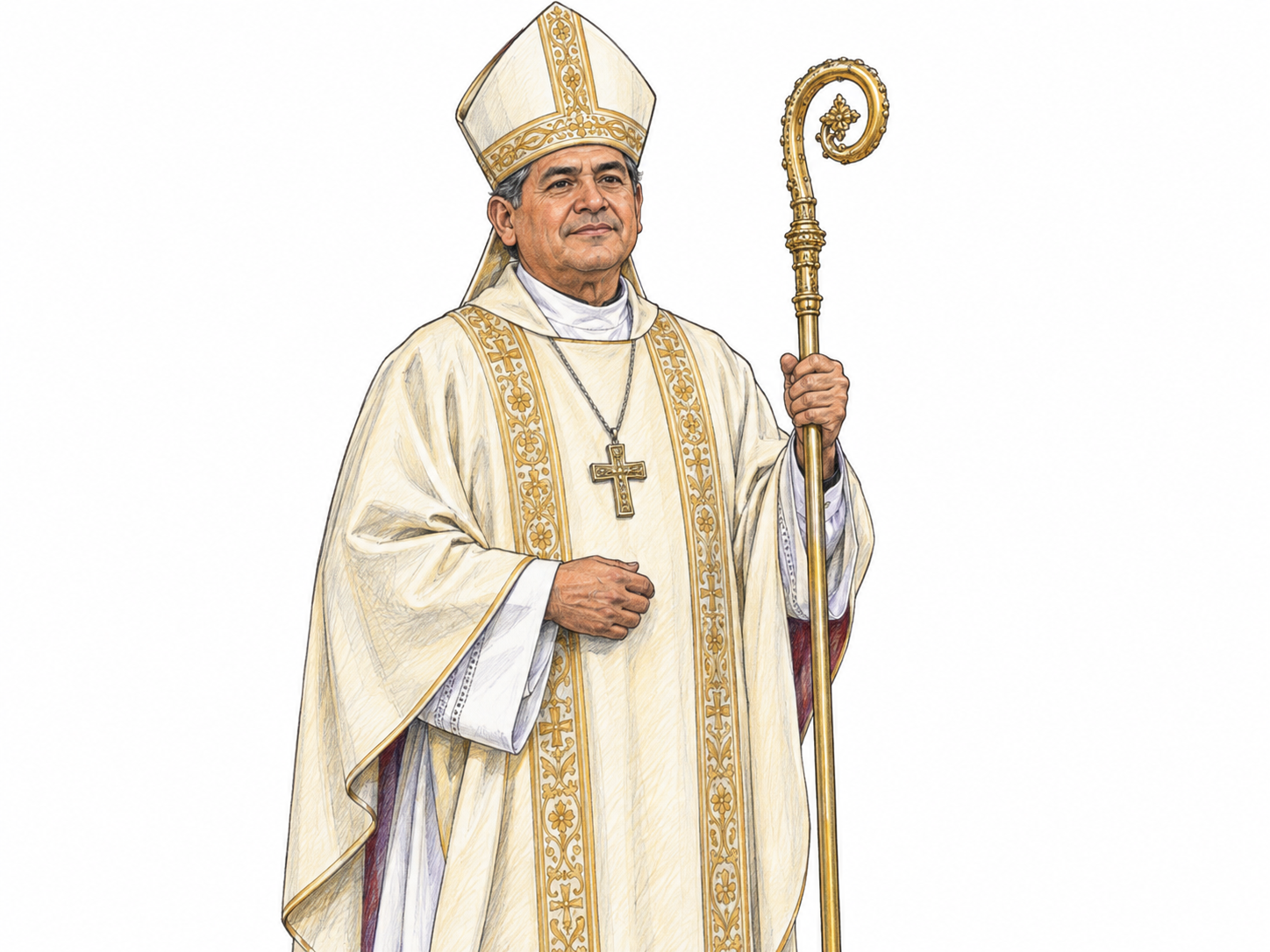 A Catholic bishop wearing a mitre and liturgical vestments and holding a crozier: distinctive insignia make his senior clerical rank visible without text.