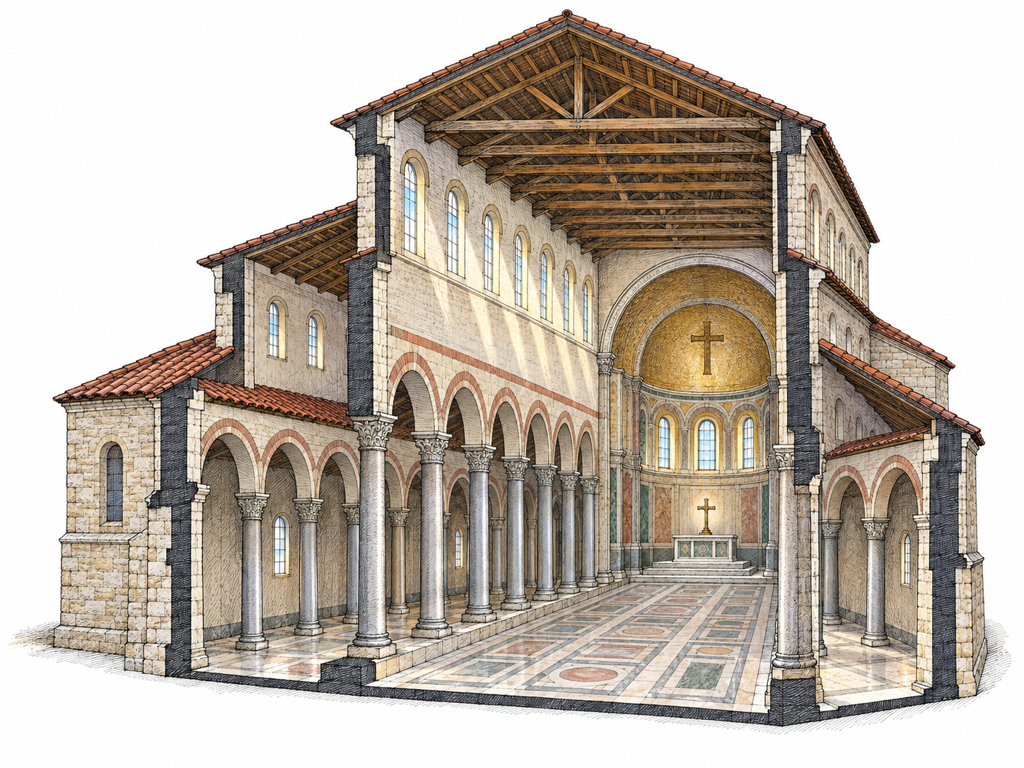 A compact cutaway of an important Christian basilica: long central nave with lower side aisles, clerestory windows, semicircular apse and a simple altar cross.