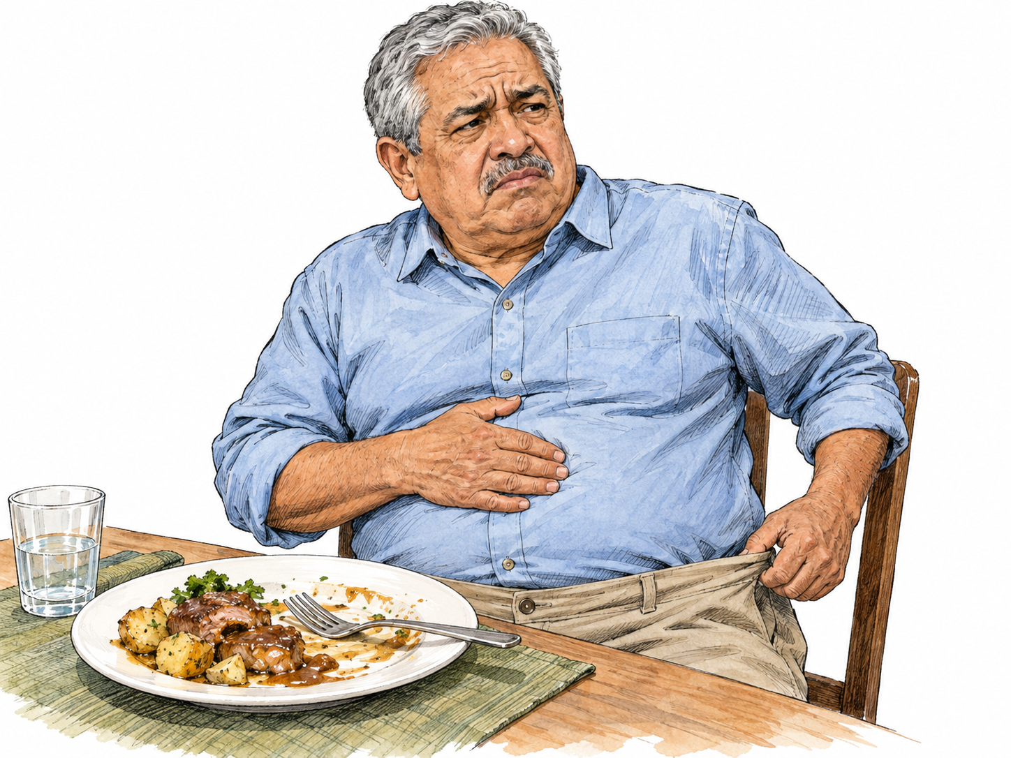 An older man pauses over a partly eaten rich meal, pressing his upper abdomen with a strained grimace and loosening his waistband to relieve uncomfortable fullness.