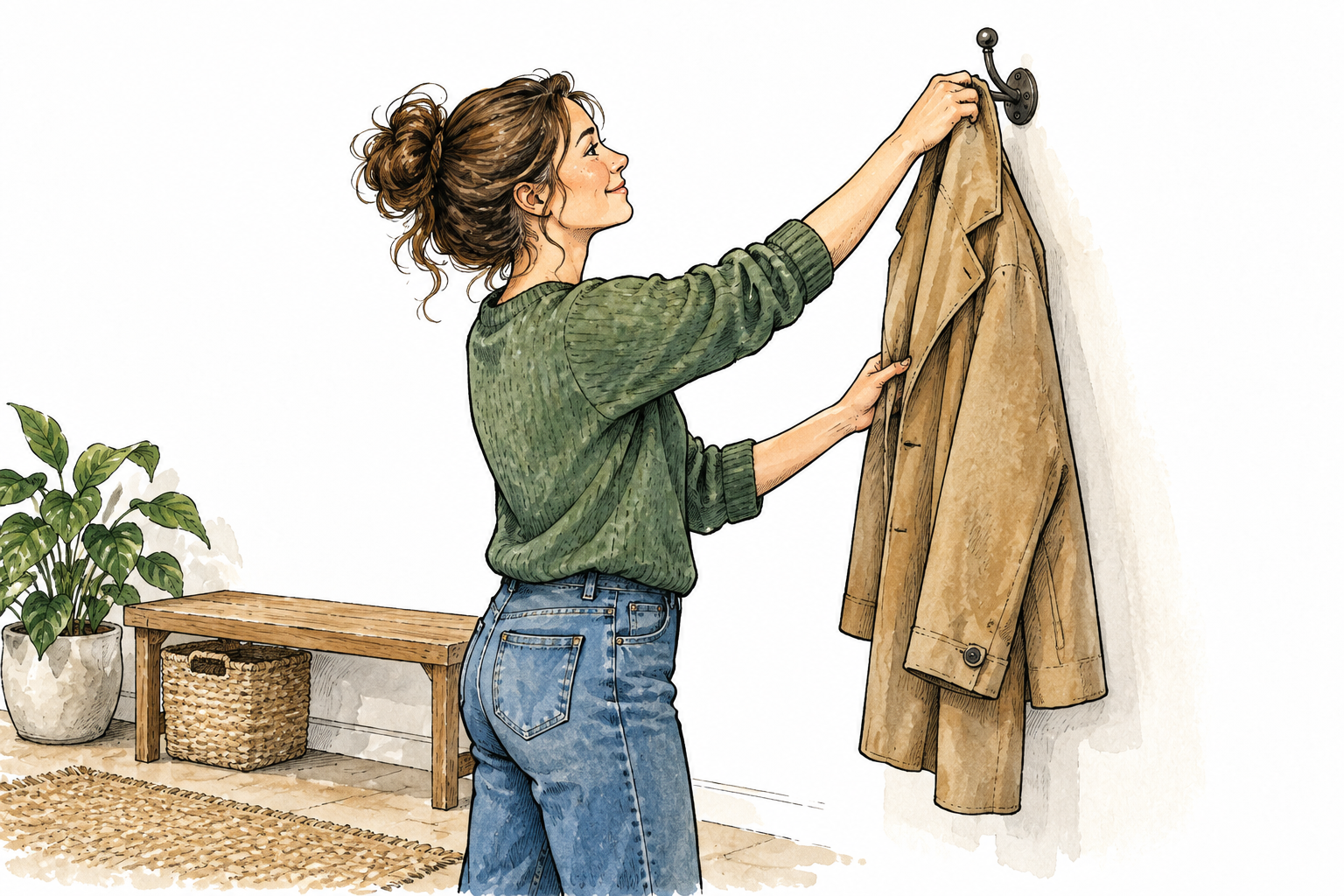 A woman hangs a plain coat from a wall hook, garment visibly supported from above, no words.