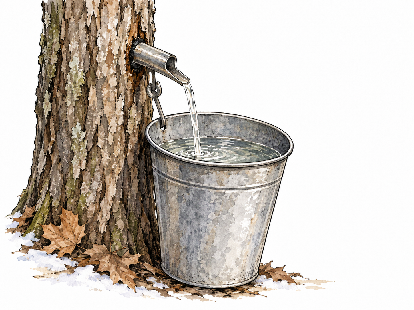 Clear maple sap runs from a small tree tap into a collection bucket.