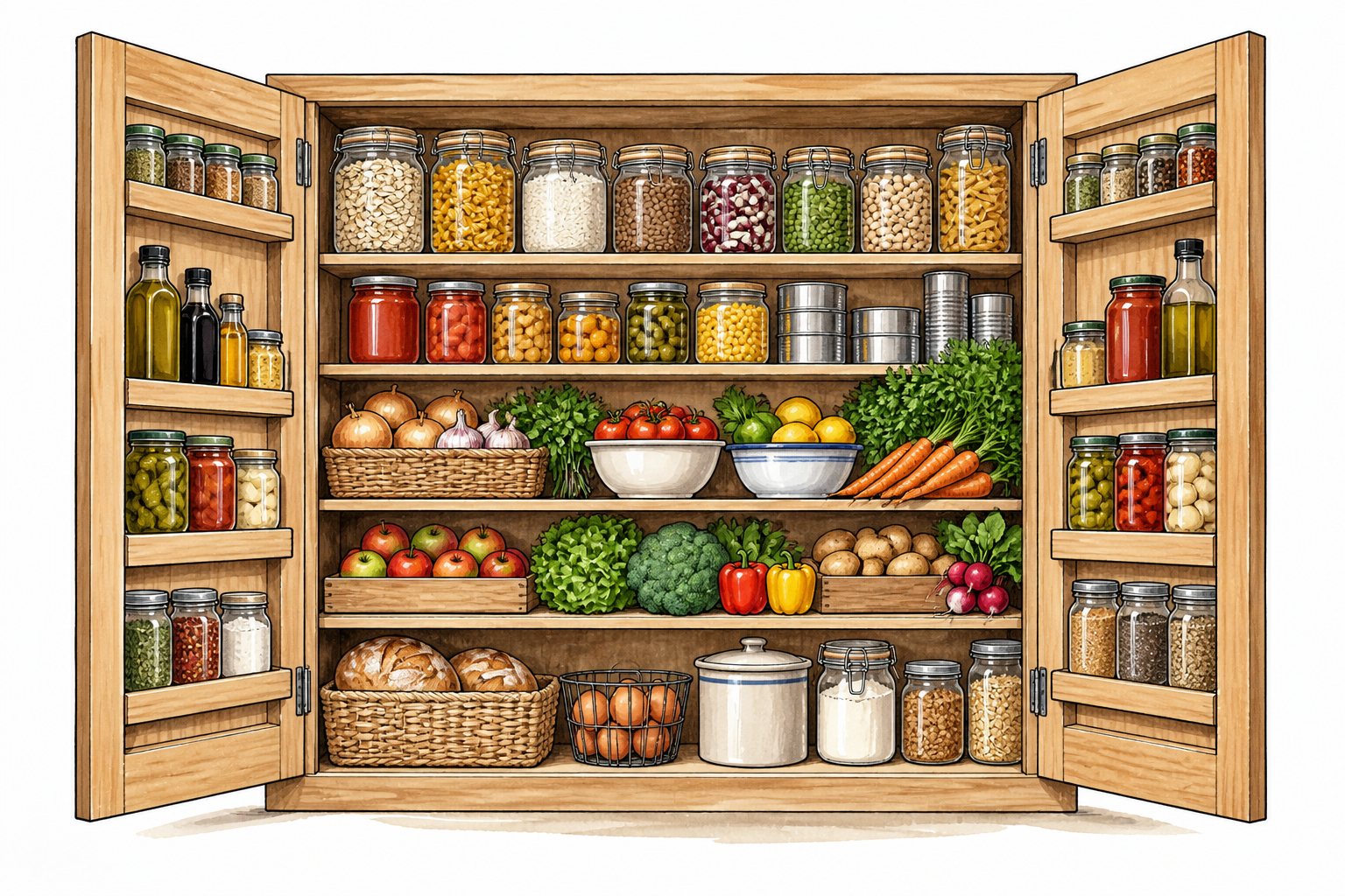 Open pantry well supplied with neatly abundant jars and fresh food.