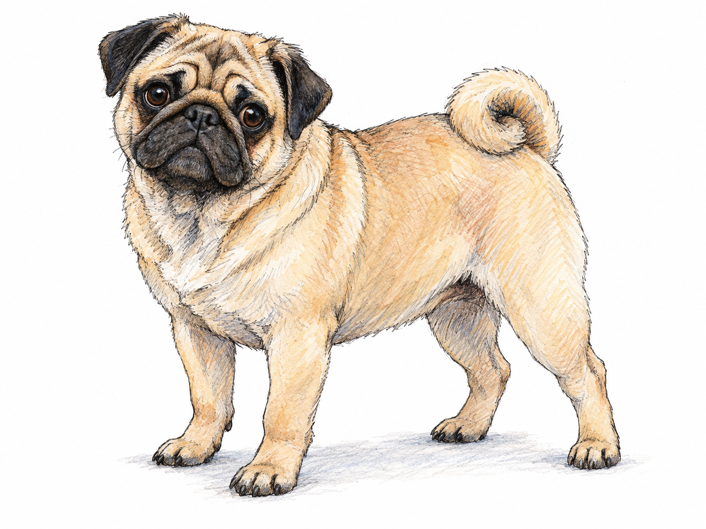 A single small fawn pug stands in three-quarter side view, its wrinkled dark muzzle turned toward the viewer and its tightly curled tail clearly visible above its back.
