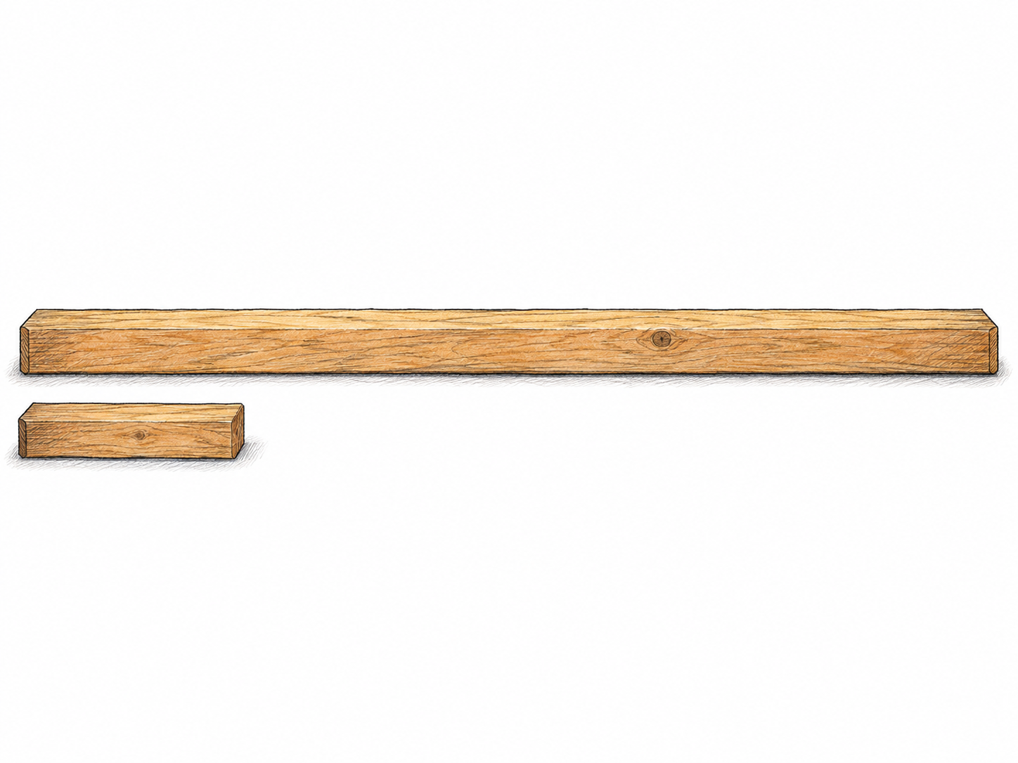A very long straight wooden plank beside a much shorter plank of identical width and thickness, with all endpoints visible.
