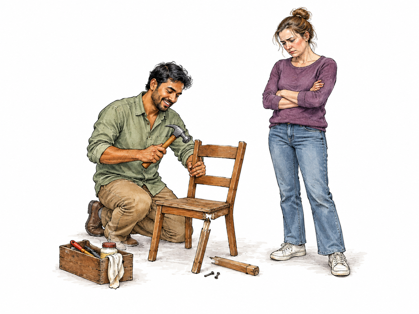 Same problem of a broken small chair receives optimistic ready-to-repair posture from one person and defeatist crossed arms from another.