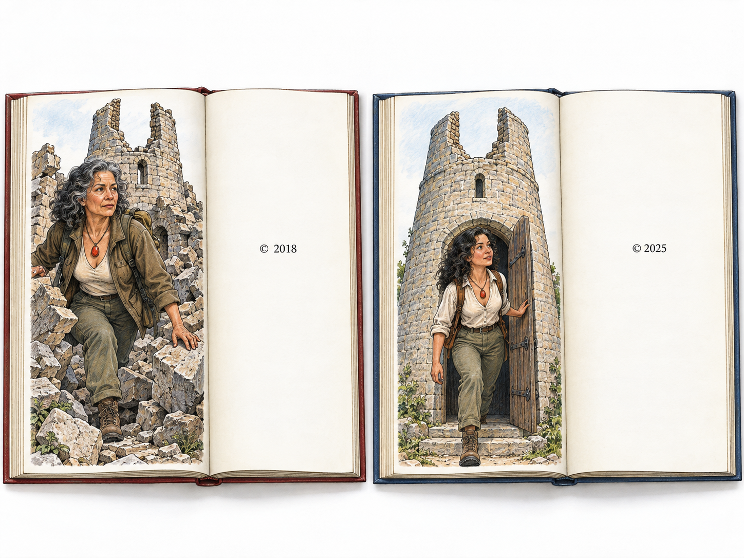 Two illustrated novels pair unmistakably earlier events with a later intrinsic publication date: the first-published book depicts an older adventurer at a ruined tower; the later-published book depicts that same adventurer as a young woman at the intact tower.