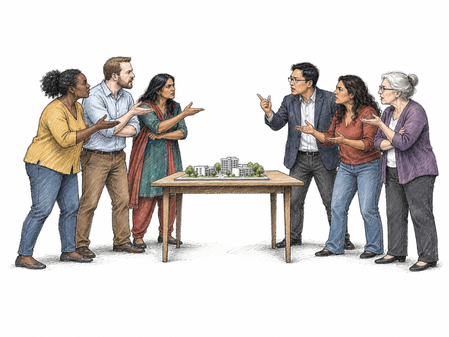 Six adults divide into two sharply opposed groups of three across a clear empty gap, each group gesturing firmly toward the other over one small shared proposal table; no hostility or violence, no written signs.