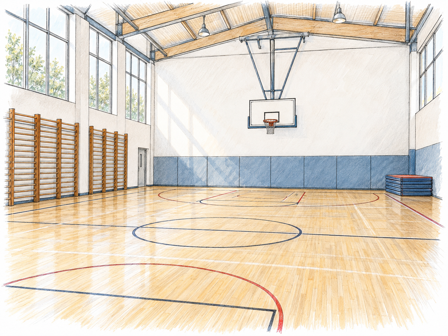An unoccupied indoor gymnasium, clearly recognizable through a spacious marked basketball court, wall-mounted hoop, climbing bars and exercise mats beneath a high roof.