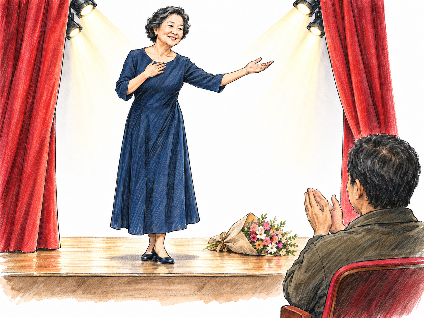 An opening-night theatrical premiere: the curtain rises on an older woman performer as a seated audience member applauds.
