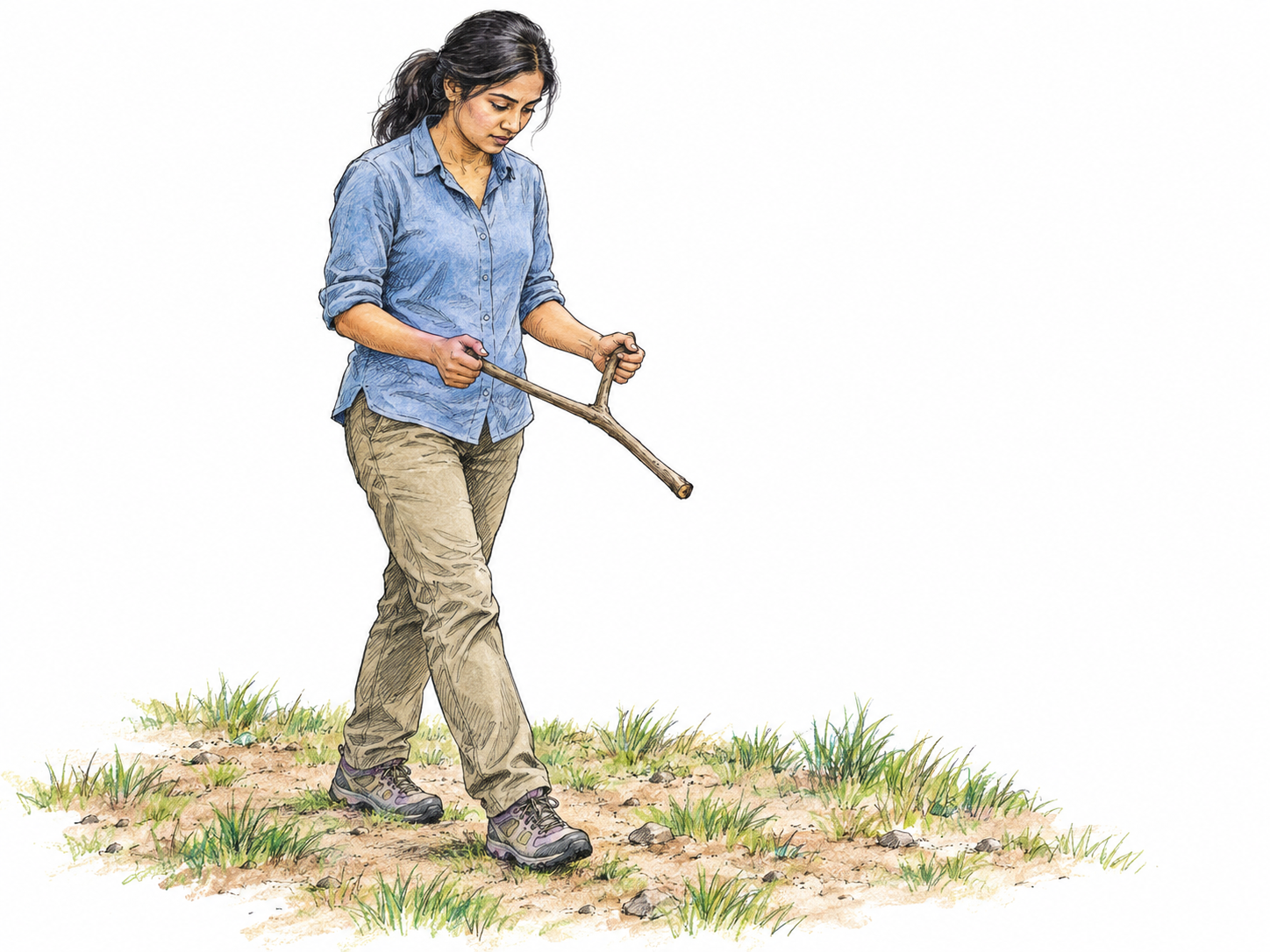 A young adult South Asian woman searches a sparse grassy patch for underground water, holding the two branches of a forked dowsing rod and watching its forward-pointing tip.