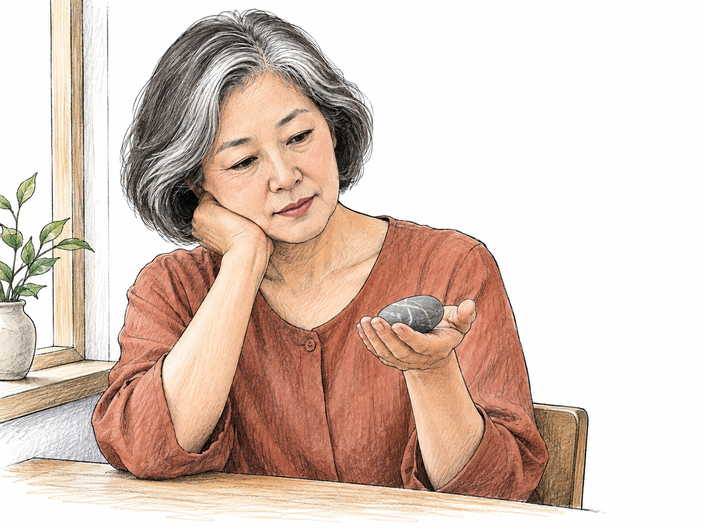 Woman gazes thoughtfully at one smooth stone held in palm while seated by a simple window ledge, soft introspective expression and still posture, quiet reflection, white space no scenery.