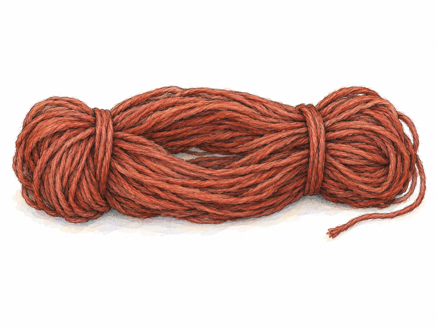 A single loose oval hank of yarn, with clearly visible parallel loops, two small yarn ties, and a short trailing end, isolated on white.