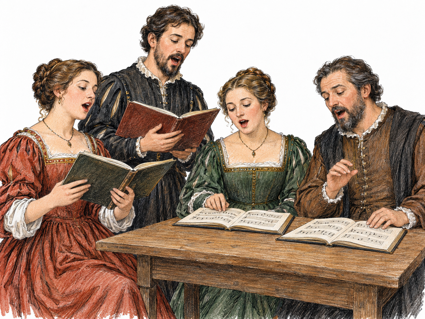 Four Renaissance Italian singers perform unaccompanied from separate music partbooks around a small table, making a secular, multi-voice part-song the central subject.