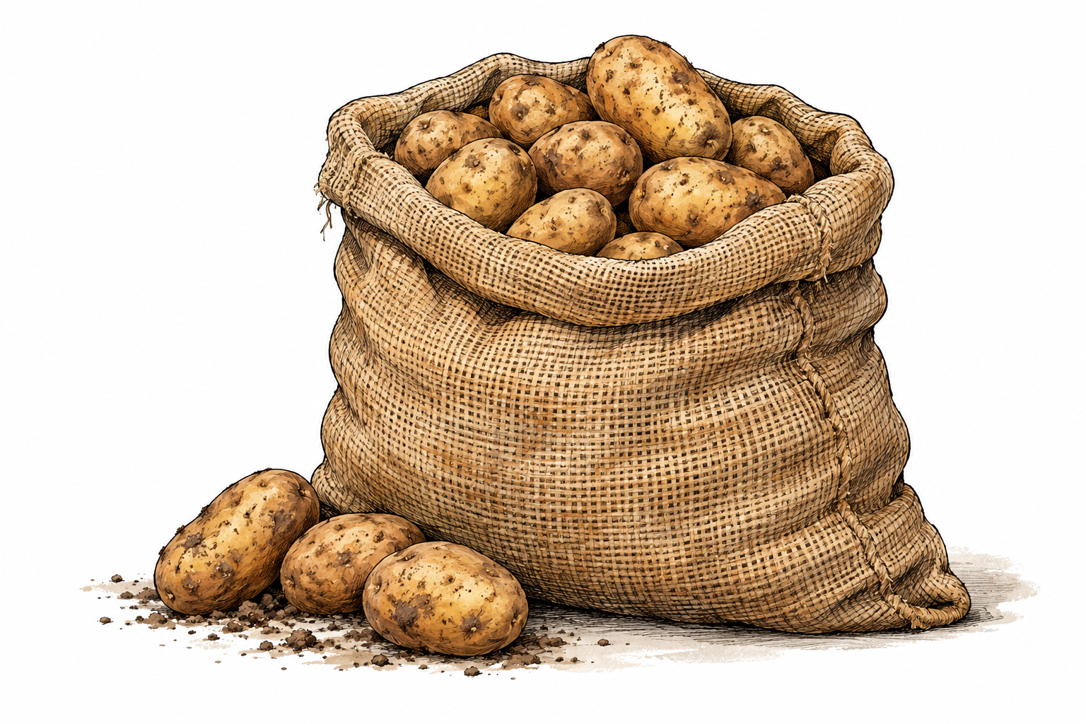 A large sturdy burlap storage sack filled with potatoes.