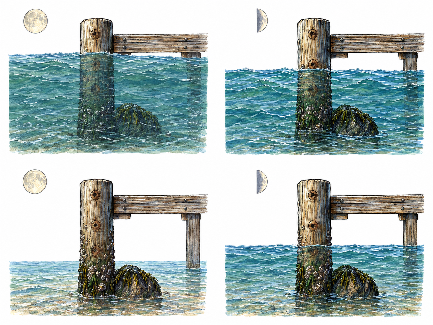 Compare high and low water at the same coastal pier during a full-moon tide and a quarter-moon neap tide.