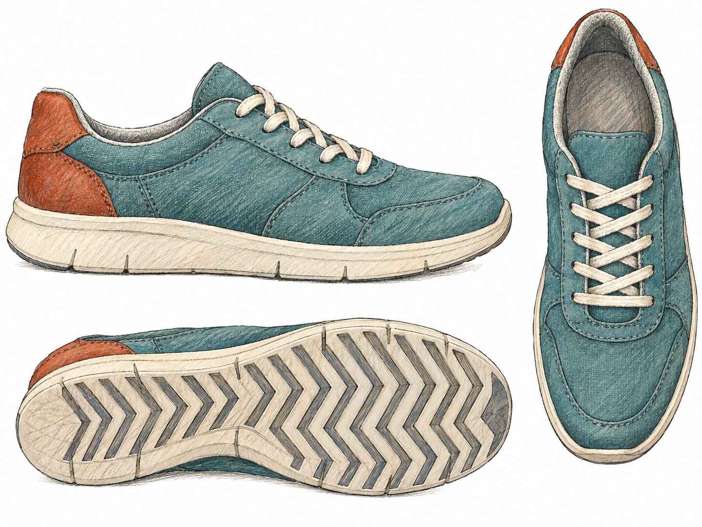 Three complementary views of the same distinctive walking shoe reveal different aspects: its side construction, its upper and fastening, and its patterned sole.