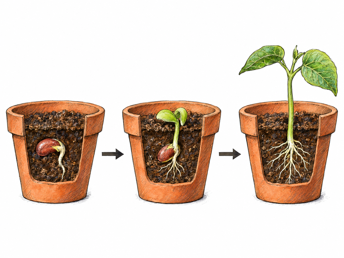 A simple left-to-right sequence shows a bean seed germinating, followed by a small sprout, followed by a leafy seedling.