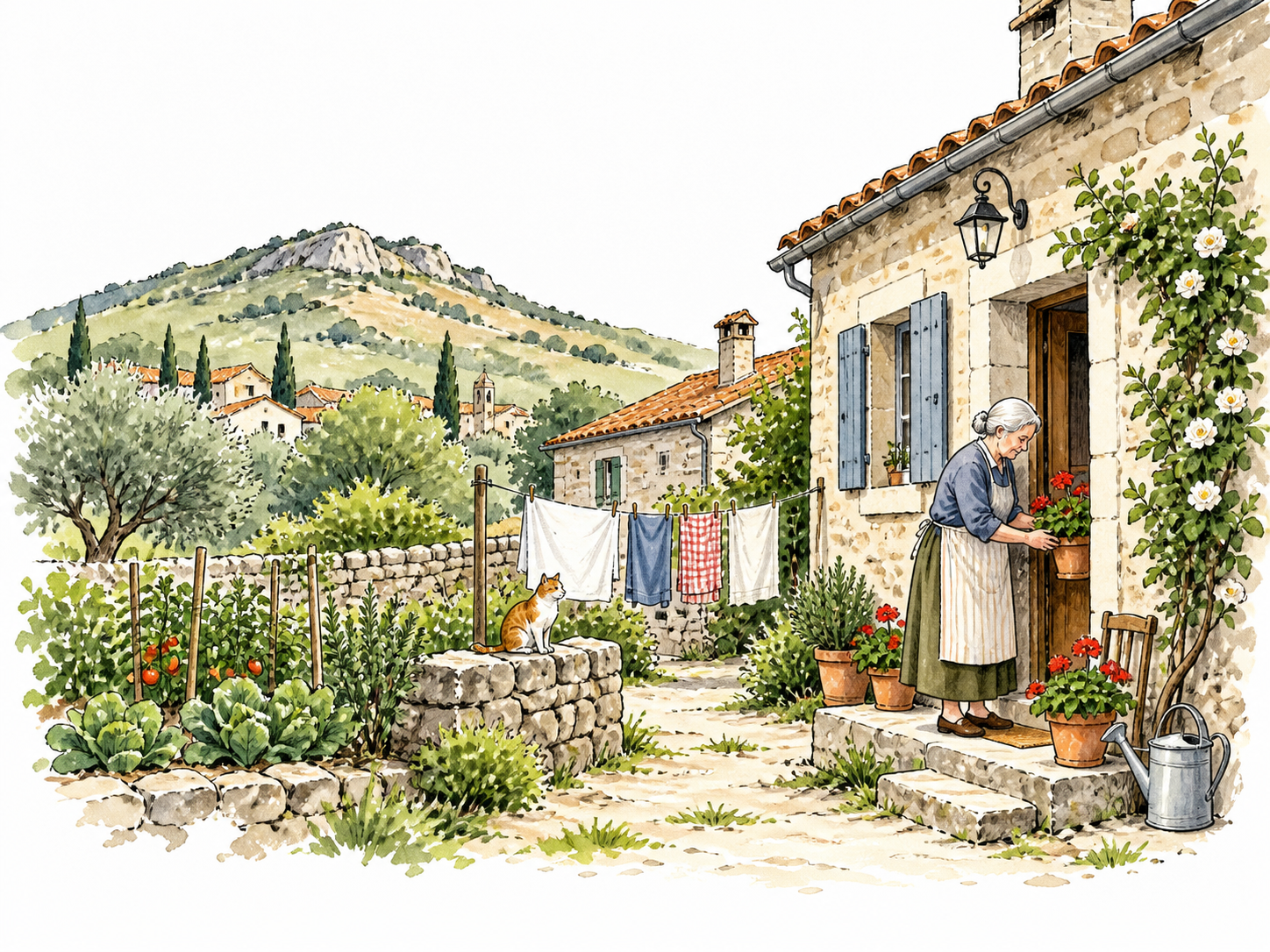 A small cluster of lived-in houses with laundry, gardens and an adult tending a doorway, contrasted gently against surrounding uninhabited hills.