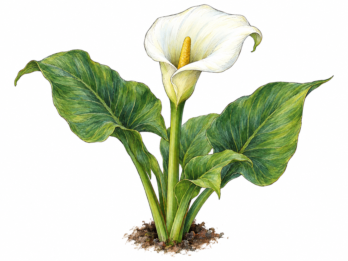 A single calla plant with one prominent funnel-shaped white bloom, a visible yellow central spadix, and broad green leaves.
