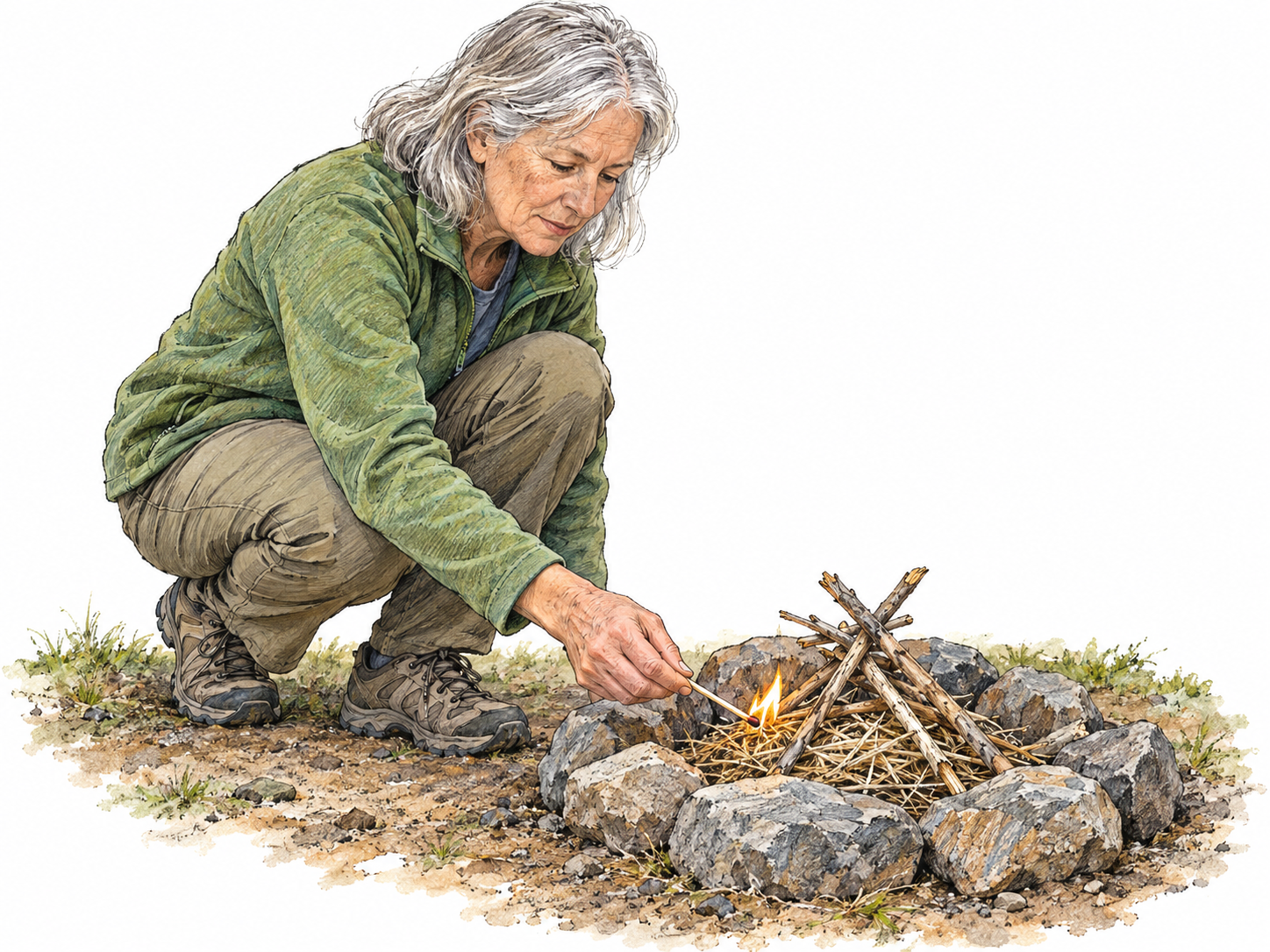An older woman touches a burning match to dry tinder beneath a small arrangement of kindling; the first tiny flames visibly catch, showing the literal act of starting a fire.