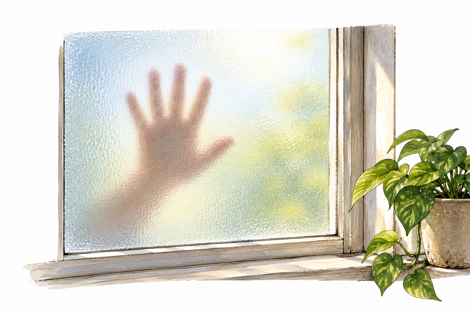 Hand behind frosted glass visible only as blurred form, daylight passes through, translucent property clear.