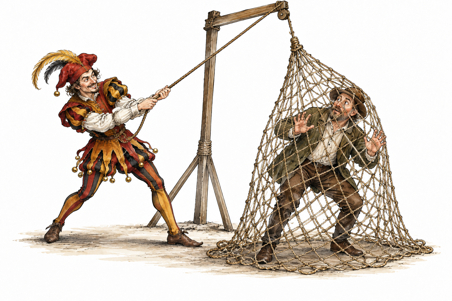 A stage-style trickster pulls a rope that drops a loose net around an unsuspecting fully clothed adult, clearly caught in a trap, no injury.