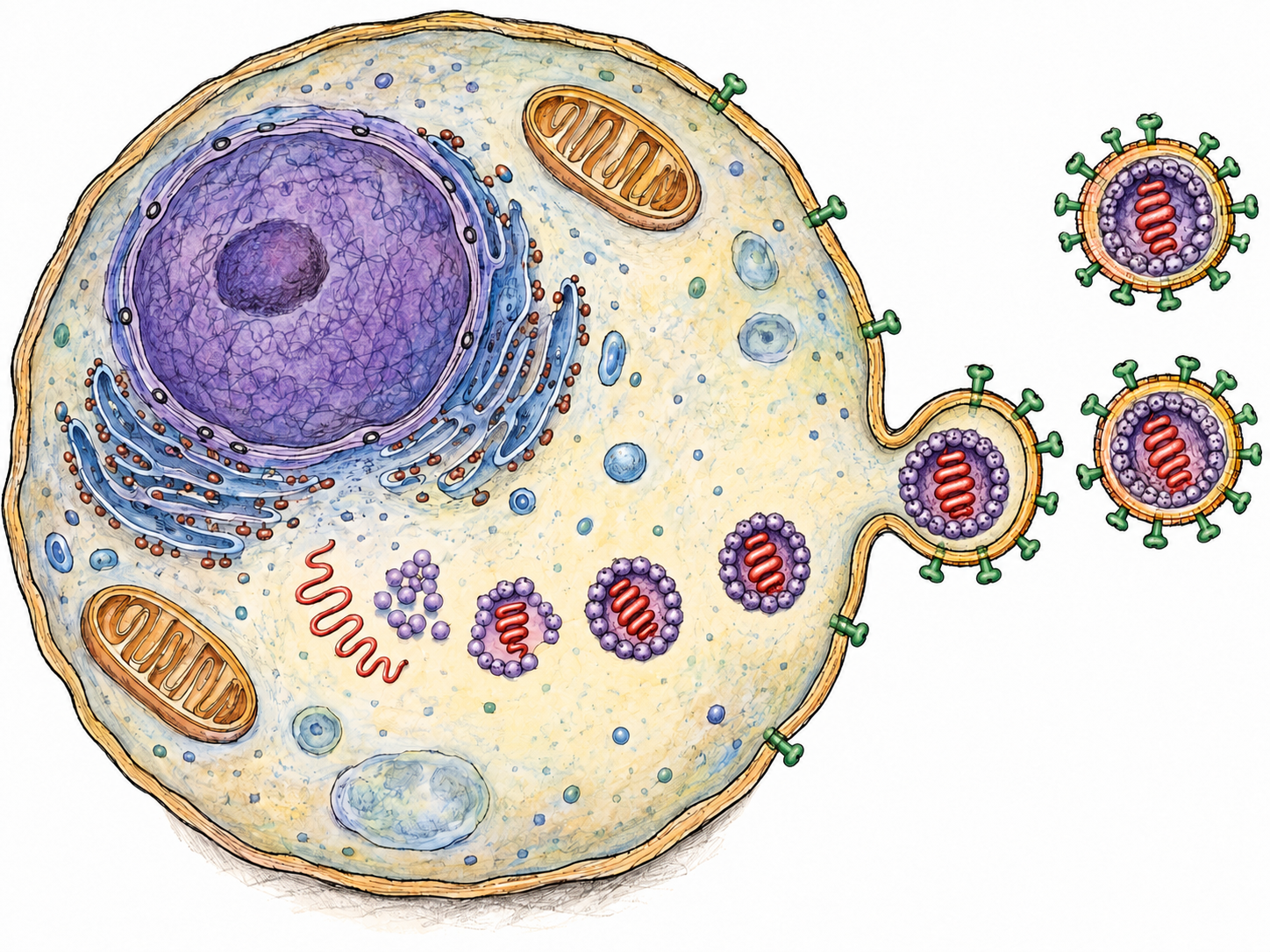 A magnified cutaway of a living host cell shows enveloped virus particles assembling inside it and budding through its membrane, making intracellular reproduction visible without labels.