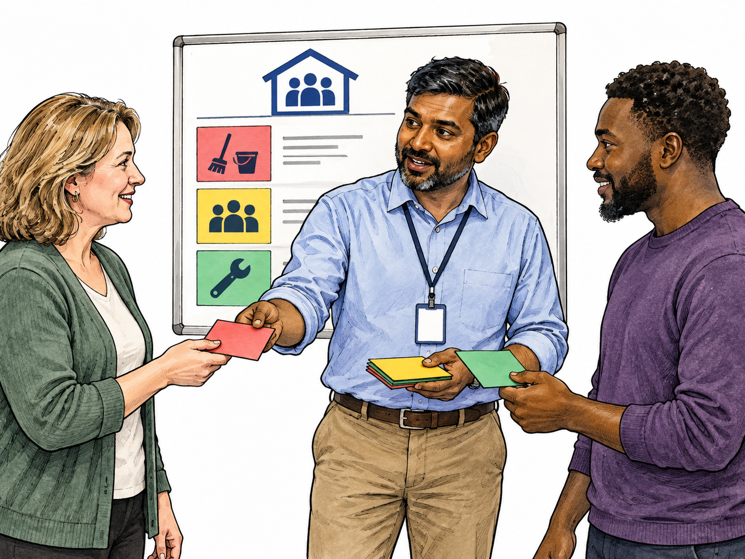 Community center manager assigns three color-coded task cards to colleagues using a simple pictorial schedule board.