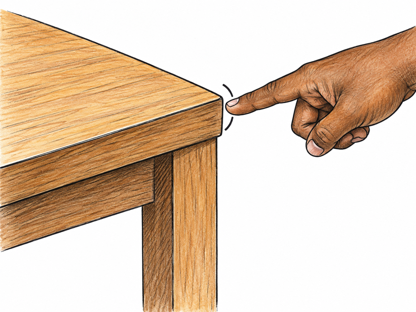 Finger points to outer right-angle corner where two edges of rectangular wooden tabletop meet; intersection emphasized by tiny curved corner mark, clear object geometry, white background.