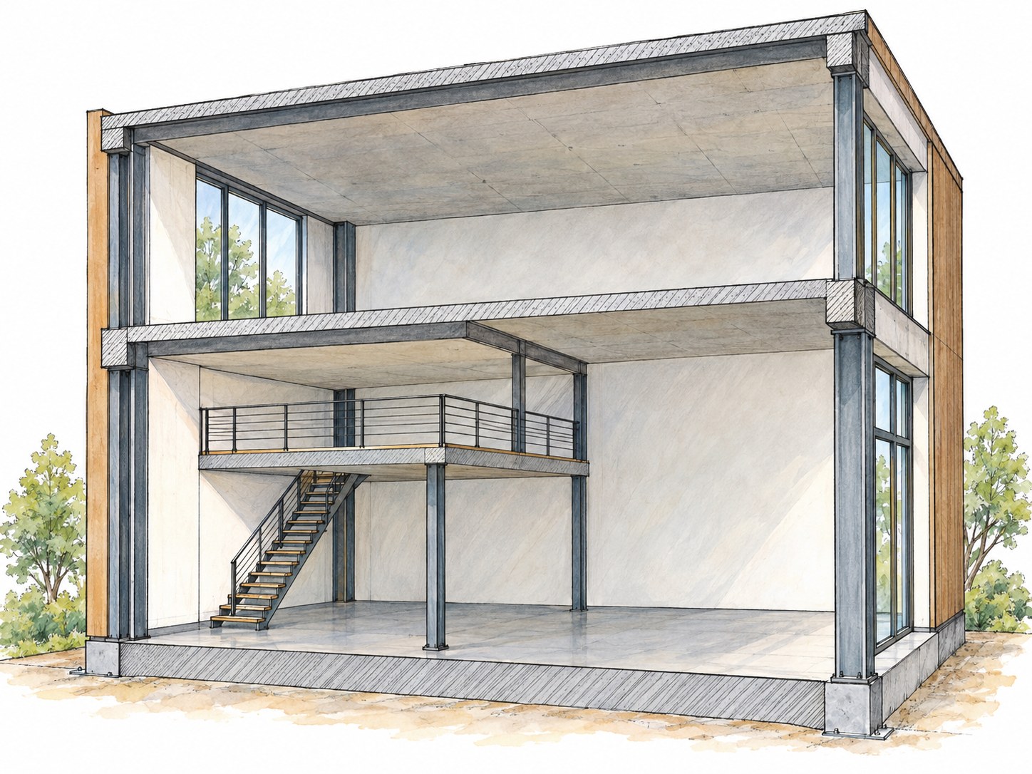 A simple architectural cutaway shows two full-width main building levels with a lower-height, partial-width intermediate floor between them.