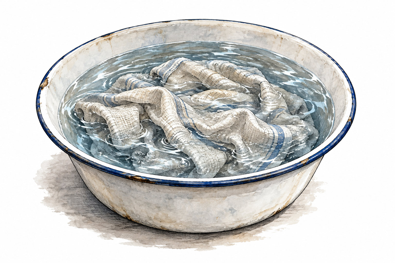 A cloth fully submerged in a basin of water, saturated fabric and water ripples, soaking.