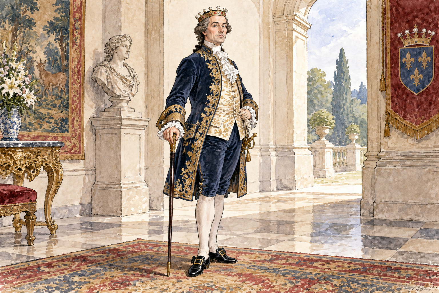 A dignified European marquis in historically plausible noble clothing with a low coronet, standing in a formal estate hall, no text.
