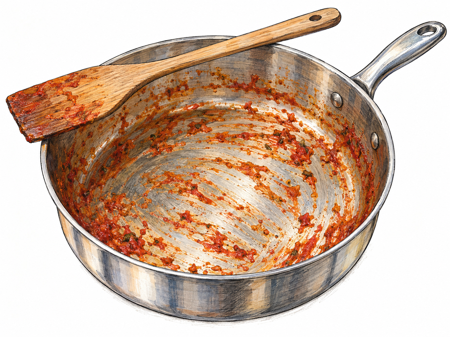 An almost-empty saucepan with a thin reddish sauce film and small cooked-on flecks left across its bottom and inner walls; broad scrape tracks expose the clean metal beneath the remaining material.