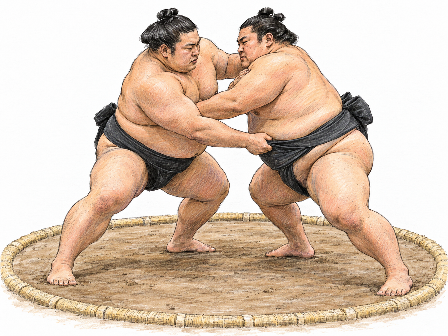 Two very large, heavy Japanese sumo wrestlers grapple inside a simple circular clay ring, emphasizing grounded stances and the sport’s distinctive belt grip.