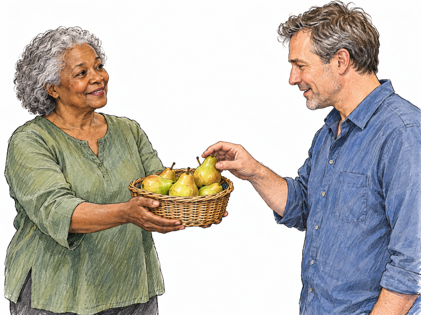 A woman extends a small open basket of ripe pears toward a man, who reaches to accept one.