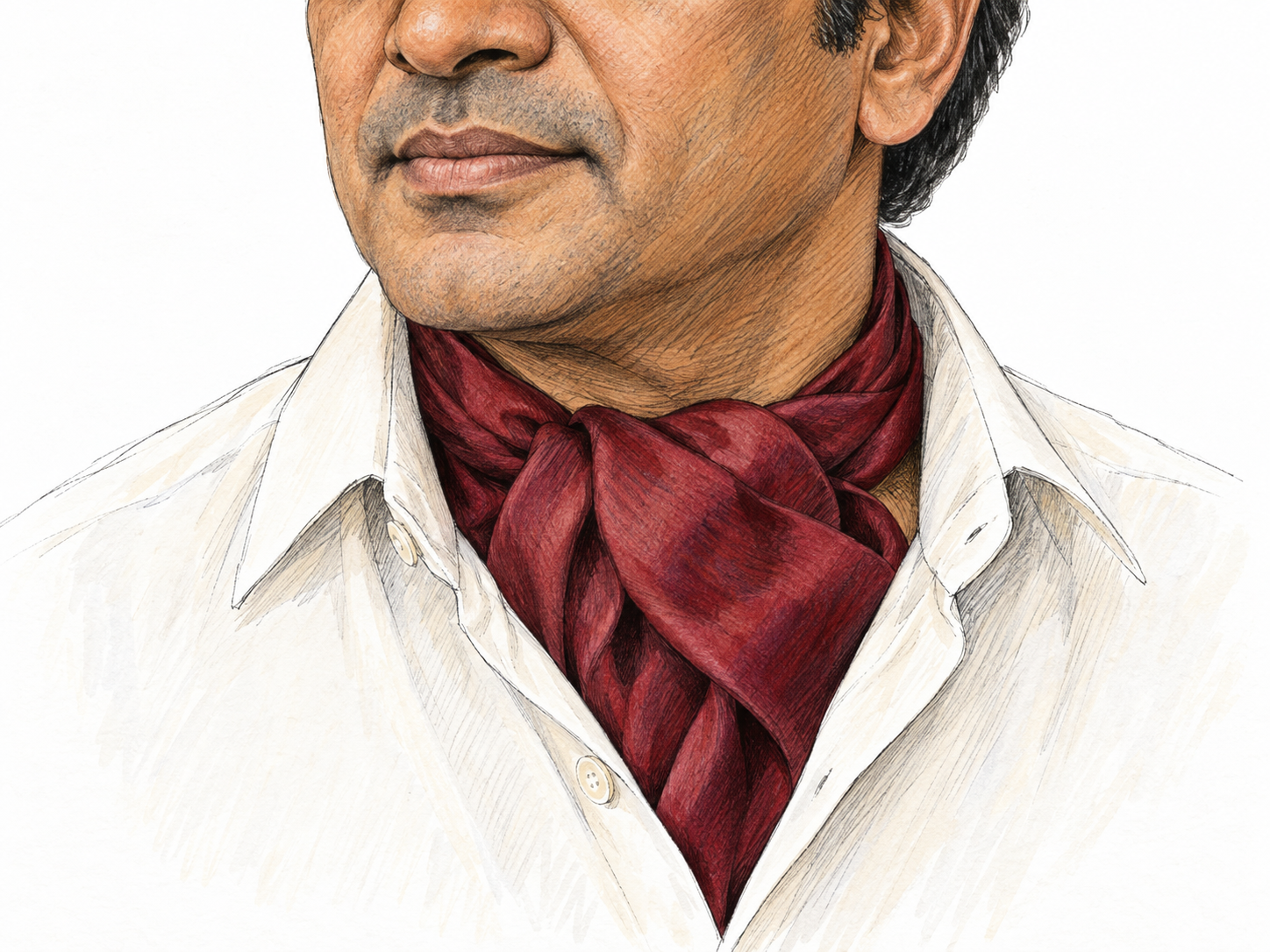 Close-up of a man wearing a broad, softly folded ascot inside an open shirt collar, with the scarf’s loose knot and tucked ends clearly visible.